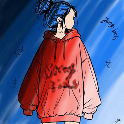 realistic girl with a oversized sweatshirt on and a bun