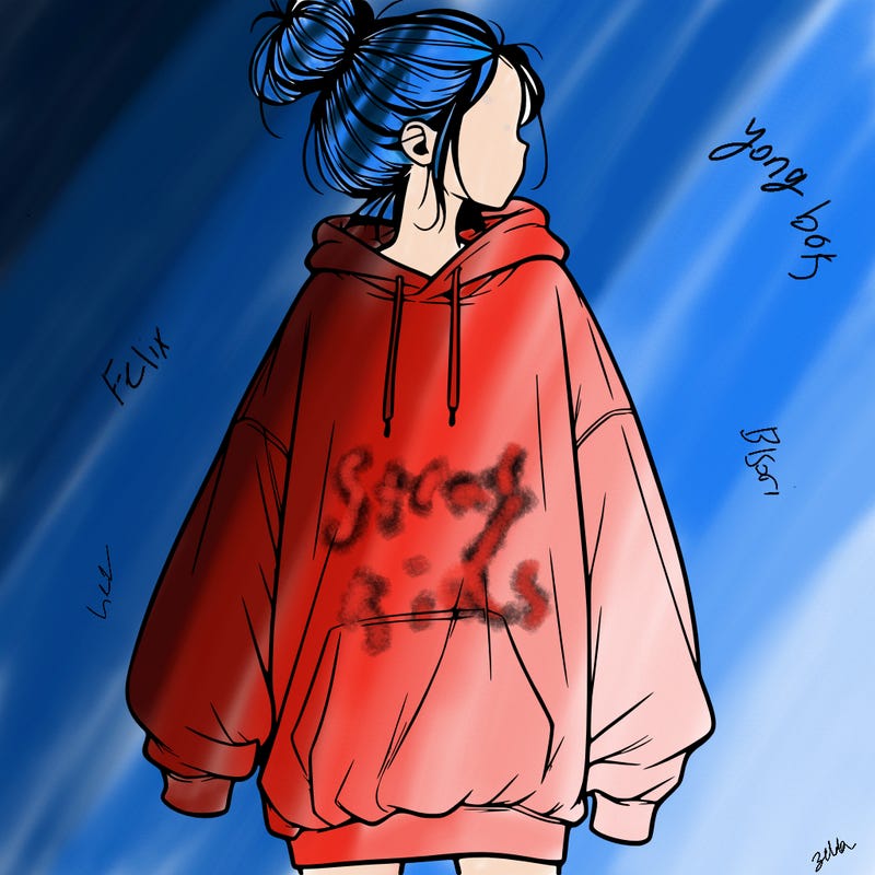 realistic girl with a oversized sweatshirt on and a bun