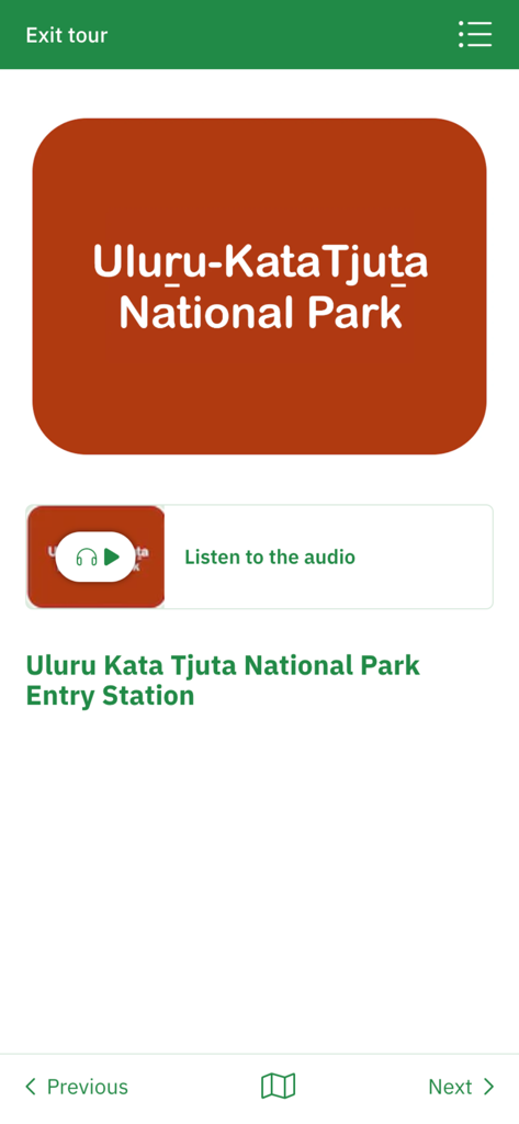 Interface do aplicativo Uluru Audio Guide mostrando a estação de entrada para o Parque Nacional Uluru-Kata Tjuta com um botão de reprodutor de áudio