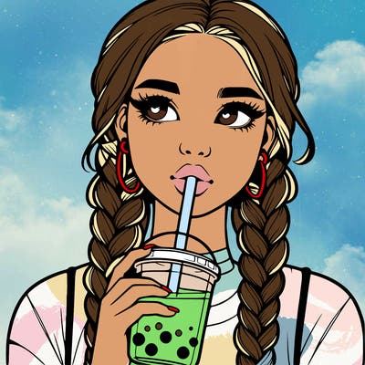 realistic girl with braided hair drinking boba