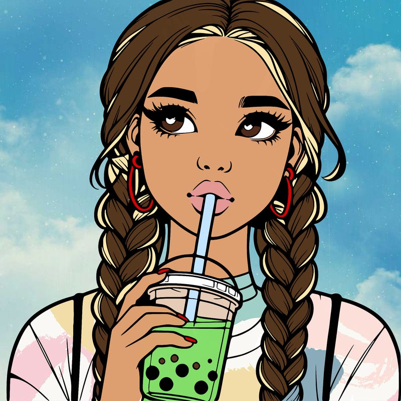 realistic girl with braided hair drinking boba