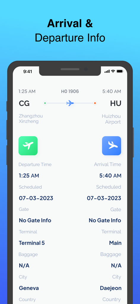 Live Flights Tracker - Interfaccia dell'app Live Flights Tracker che mostra informazioni dettagliate su arrivi e partenze, inclusi orari dei voli e dettagli del terminal