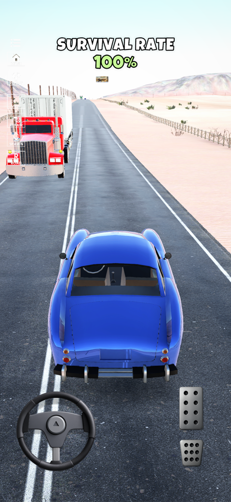 Car Survival Rate - A blue car driving on a desert highway with survival rate UI in Car Survival Rate