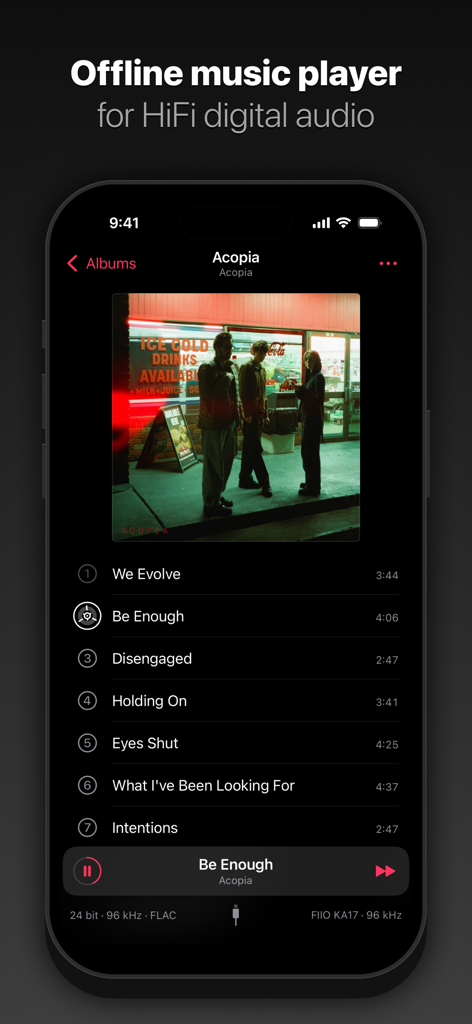 Pentaton music player showing an album tracklist and 24-bit 96kHz FLAC playback info on an iPhone
