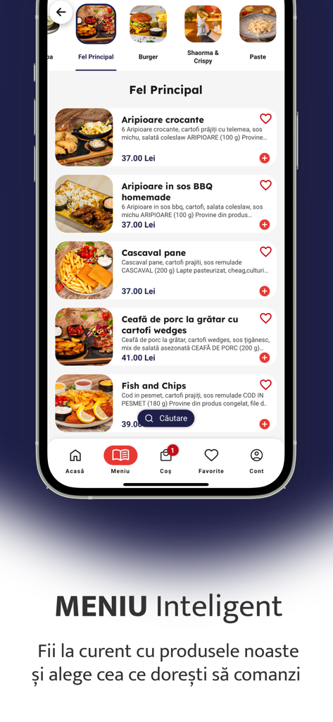 Napoleon - Menú inteligente de la app móvil de Napoleon mostrando varios platos de comida y precios.