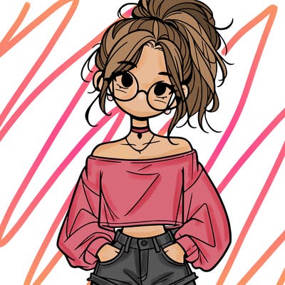 girl with a messy ponytail glasses a baggy crop top and jean shorts