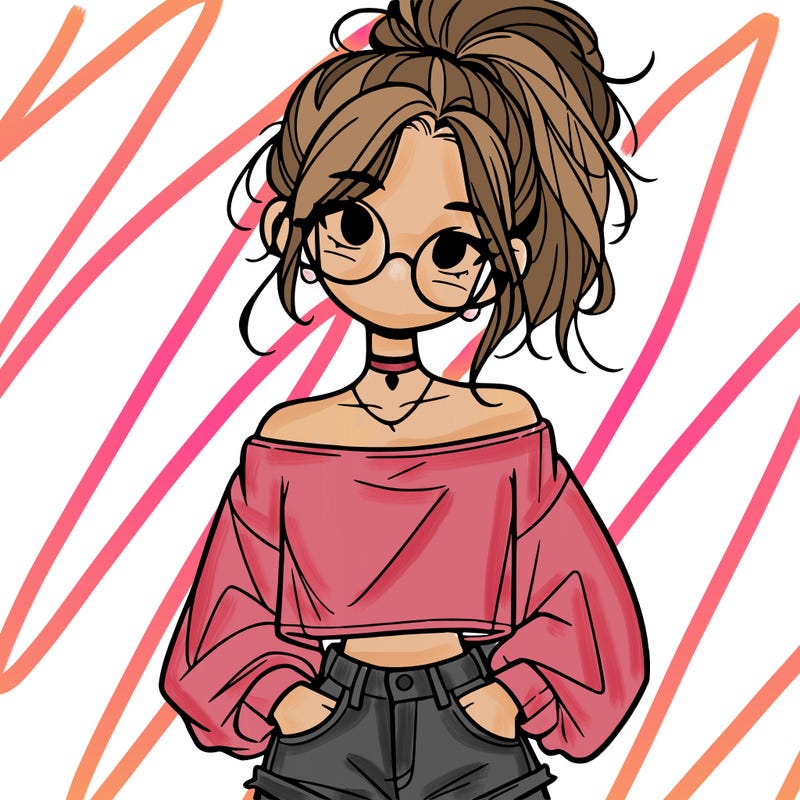 girl with a messy ponytail glasses a baggy crop top and jean shorts