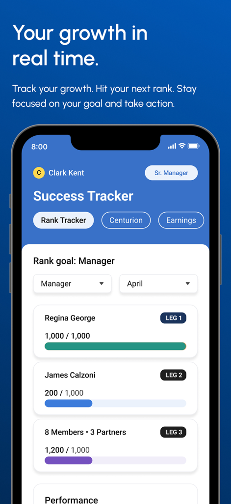 Unicity Go - Unicity Goアプリのサクセストラッカースクリーンに、ランク目標とディストリビューターネットワークのレッグの進捗バーが表示されています。