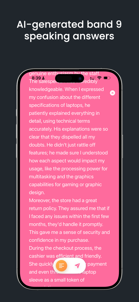 IELTS Band9 – AI Mock Tests - A smartphone screen displaying an AI-generated Band 9 IELTS speaking sample answer on a pink background.