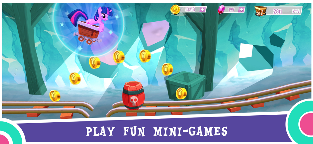 Twilight Sparkle in a mine cart playing the Crystal Mine mini-game