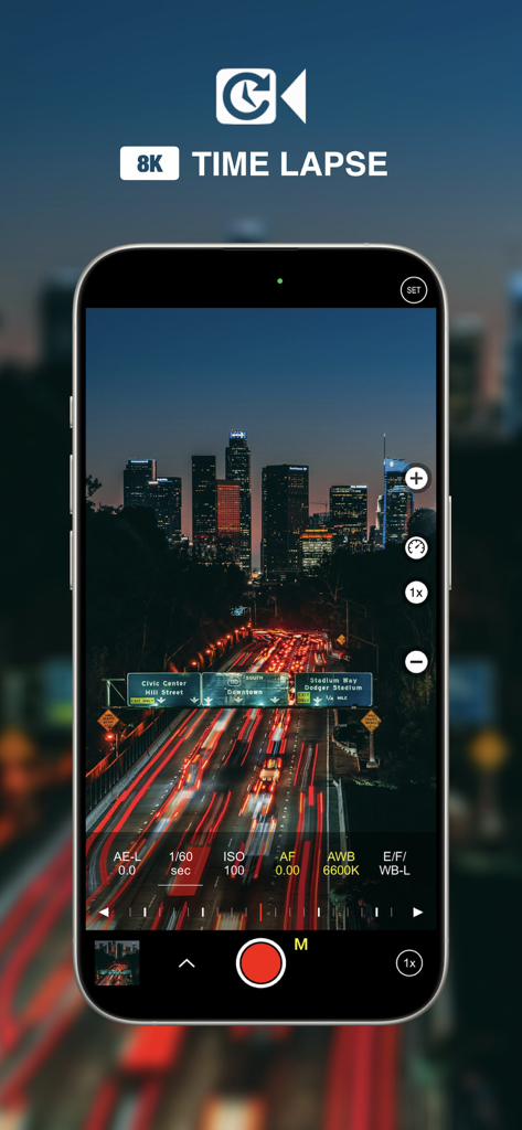 ProCam - Pro Camera - ProCam app interface recording an 8K time lapse of city night traffic with manual settings
