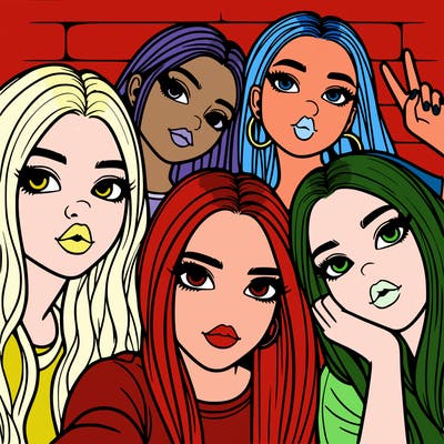 group of teen girls friends y2k up close in a selfie