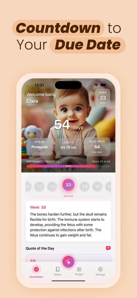 Track My Pregnancy Due Date AI - Screenshot of the Track My Pregnancy Due Date AI app showing a countdown and weekly developmental info.