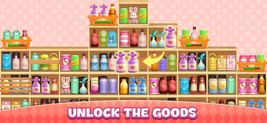 Gameplay screenshot showing shelves filled with 3D grocery items for triple matching and sorting
