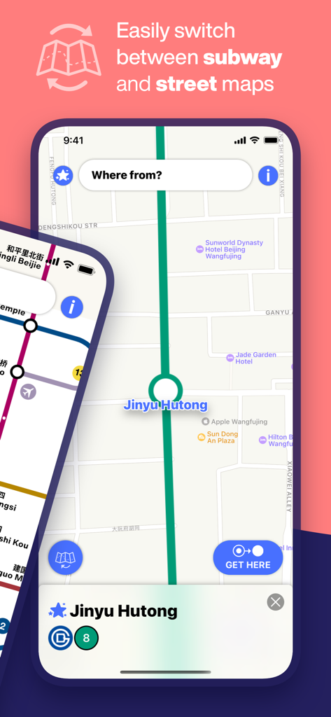 Beijing Subway - MTRC map - Schermata del telefono che mostra l'interfaccia dell'app della Metropolitana di Pechino con una linea della metropolitana sovrapposta a una mappa stradale dettagliata
