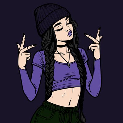 realistic teenage girl with braids and a beanie and crop top doing 🫶🏼