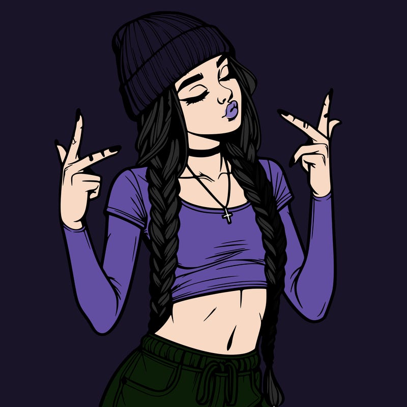 realistic teenage girl with braids and a beanie and crop top doing 🫶🏼