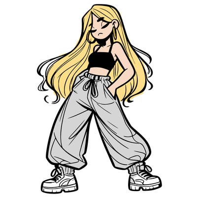 girl in baggy pants crop top and long hair