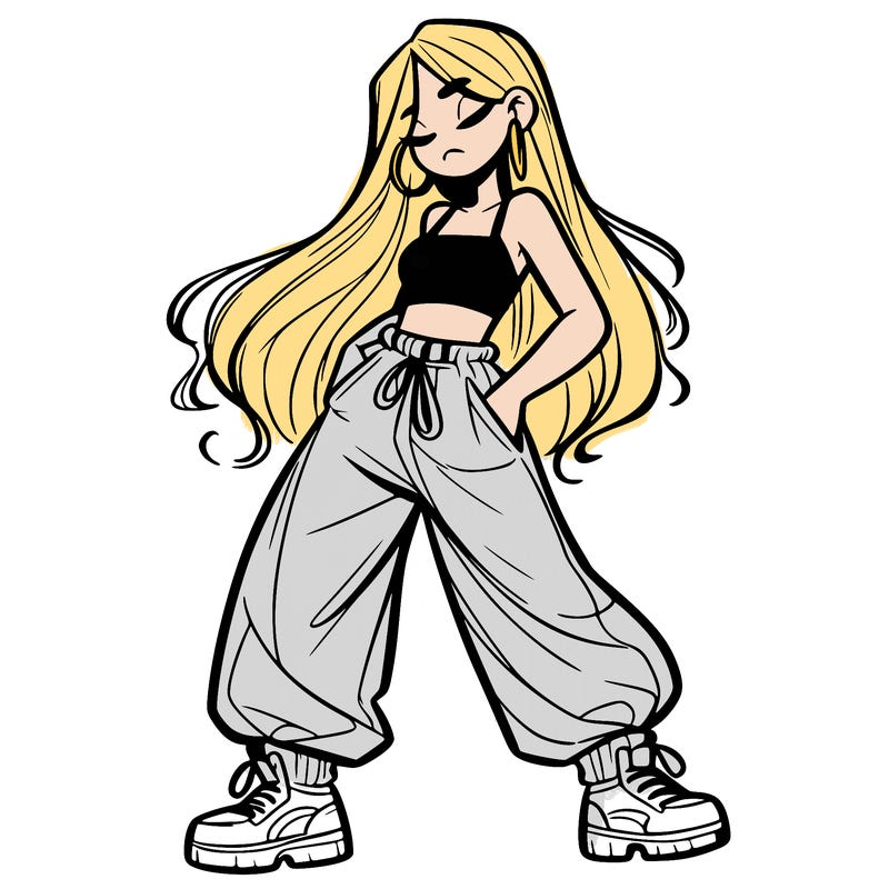 girl in baggy pants crop top and long hair