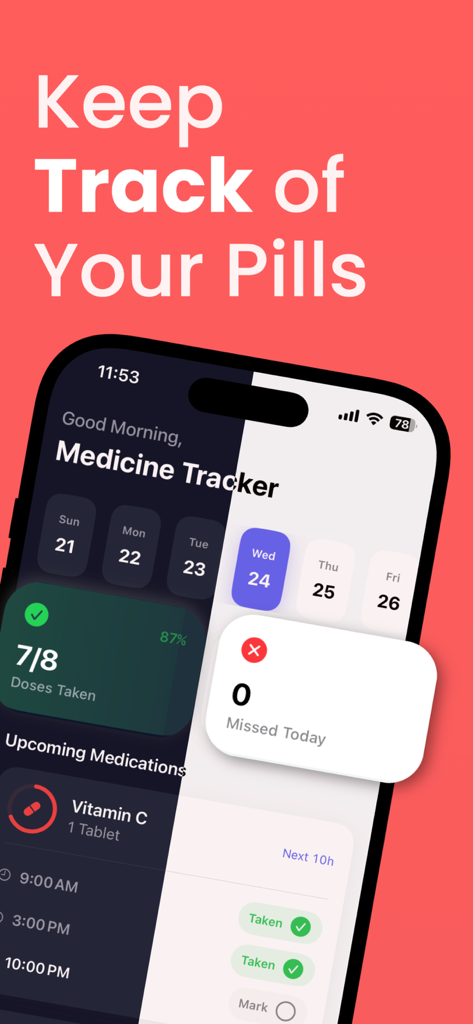 Medloo app dashboard showing medication adherence tracking and upcoming pill reminders for daily health management