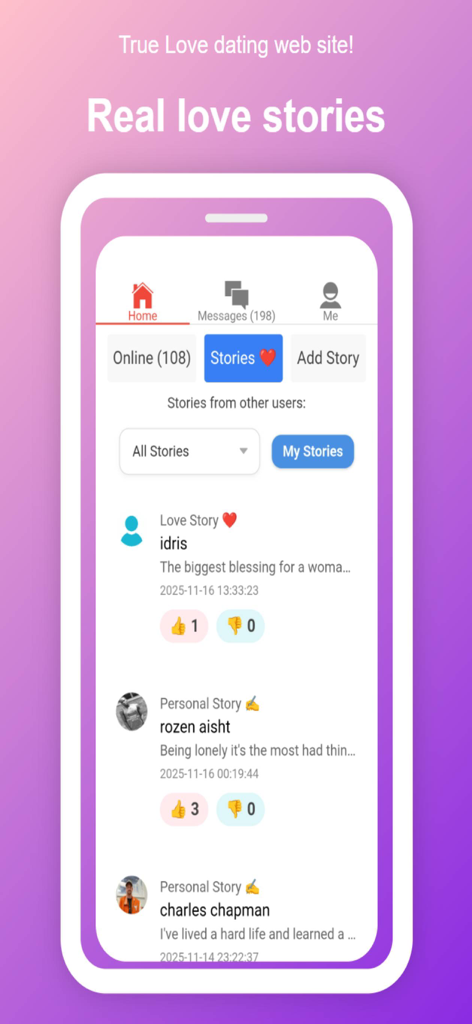 True Love: Dating Chat App - True Love dating app interface showing a feed of real user love stories
