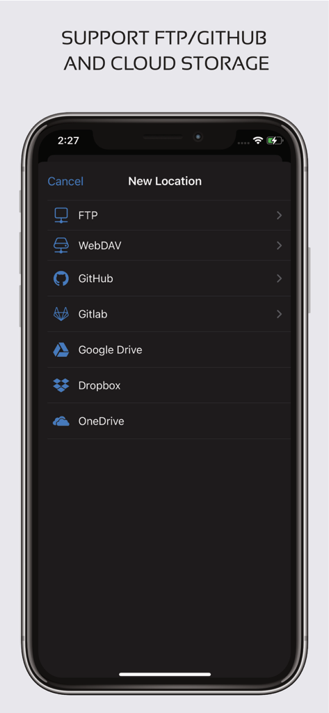 Schermata dell'app mobile che elenca le opzioni di integrazione per FTP, GitHub e servizi di archiviazione cloud