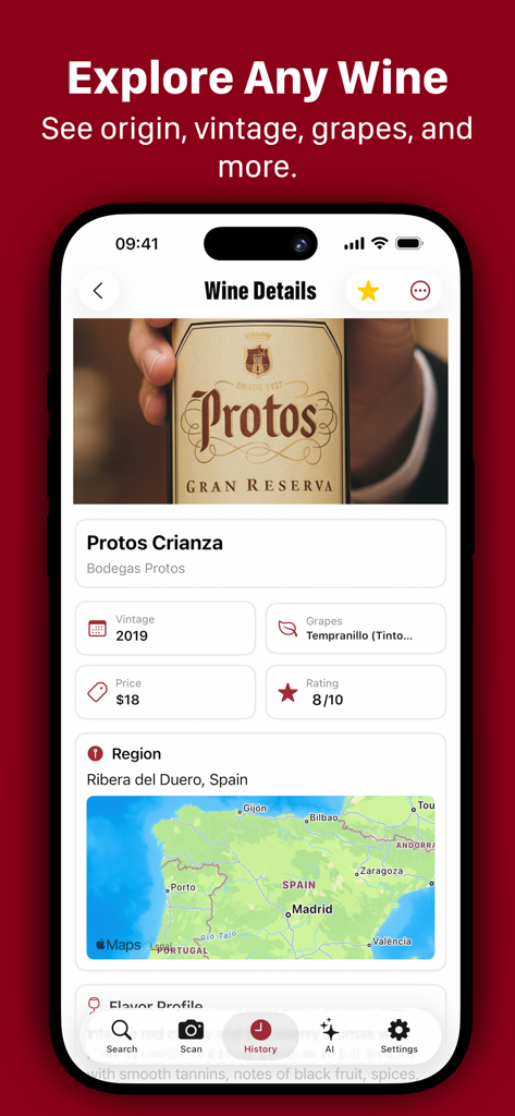 Wine AI app interface showing detailed information for a Protos Crianza wine including vintage price and origin map