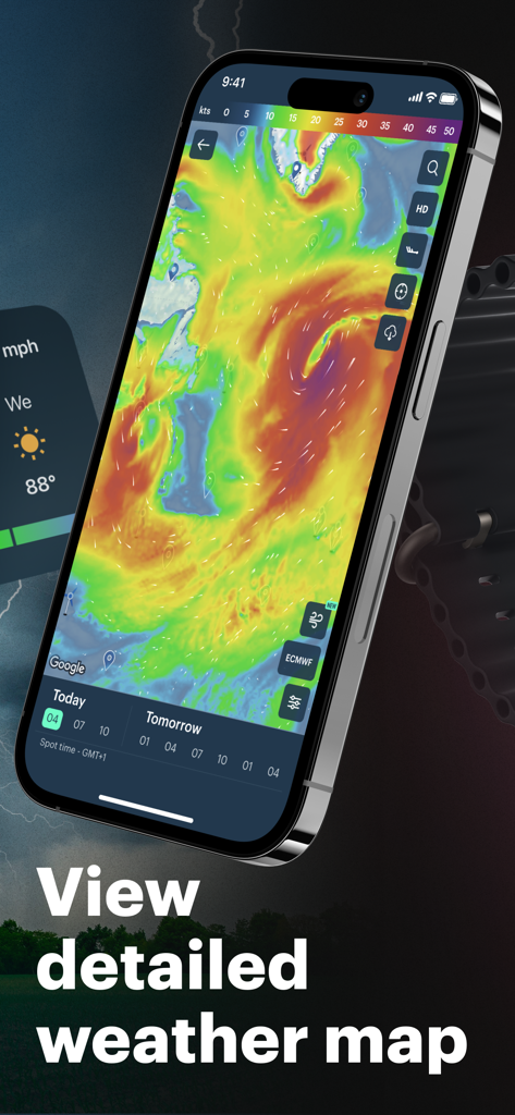 Windy.app — Wind, Tides, Radar - Un smartphone mostrando un mapa técnico de pronóstico de viento y clima de alta resolución y codificado por colores en la interfaz de Windy.app.