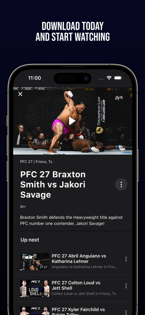 Peak Fighting - Mobile app interface for Peak Fighting showing an MMA match video player with a list of upcoming fights