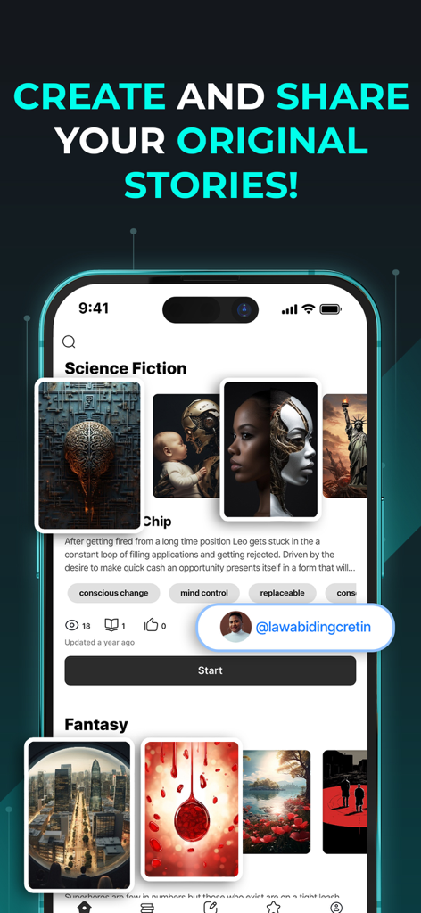 ChattyFic - Chat Storytelling - Smartphone screen showing the ChattyFic app with story genres like science fiction and fantasy and a prompt to create and share original chat stories