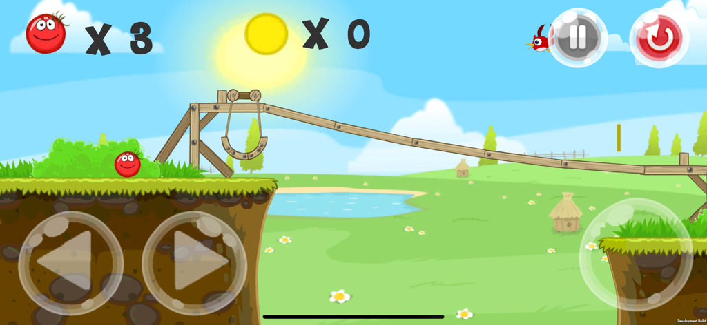 Brave Ball (Game Troll) - Brave Ball Plattformer-Spielbildschirm mit einem roten Ball-Charakter auf einem Graslevel mit Holzstrukturen und Touch-Steuerung