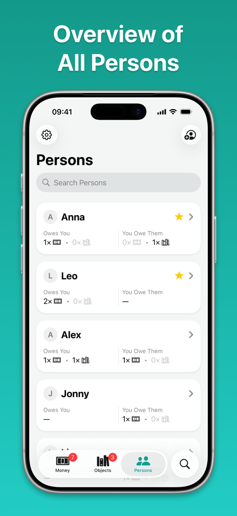 Keepfully – Loan Tracker - Keepfully app interface displaying a list of contacts with money and object loan summaries.