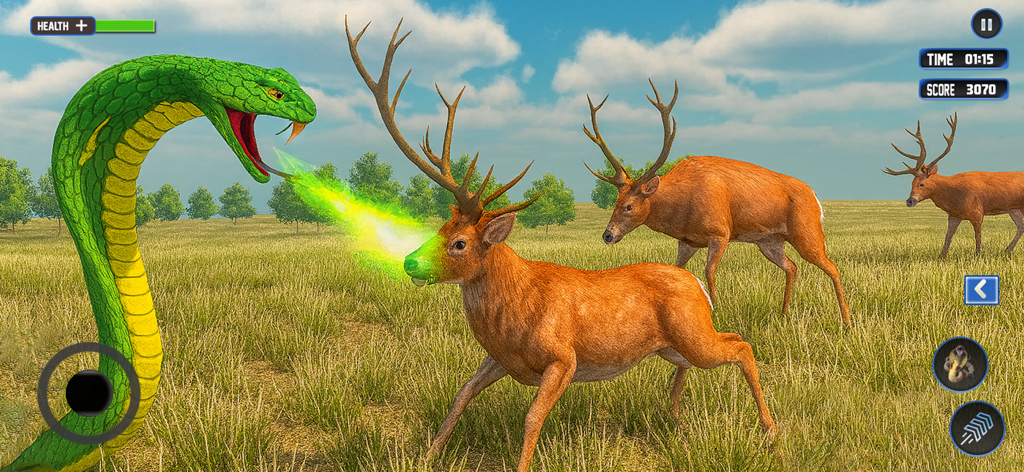 Wild Life Snake Simulator - A giant green cobra attacking a deer with venom in a grassy field