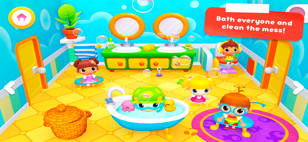 Happy Daycare Stories - Personajes infantiles jugando en un colorido baño de guardería con una bañera