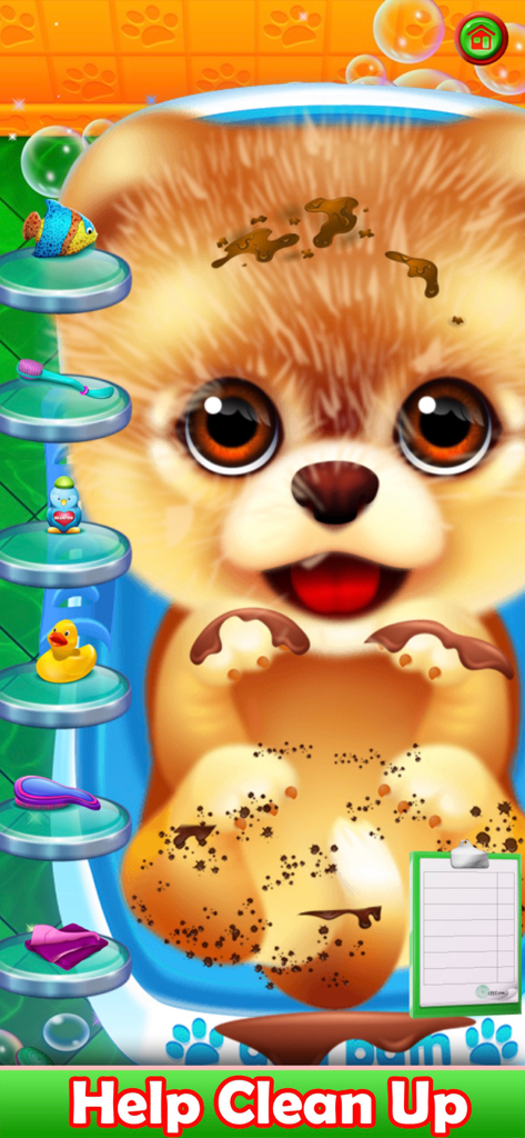 Pet Puppy Nursery Time - Um filhote de Pomerânia sujo em uma banheira com ferramentas de limpeza em um jogo de cuidados com animais