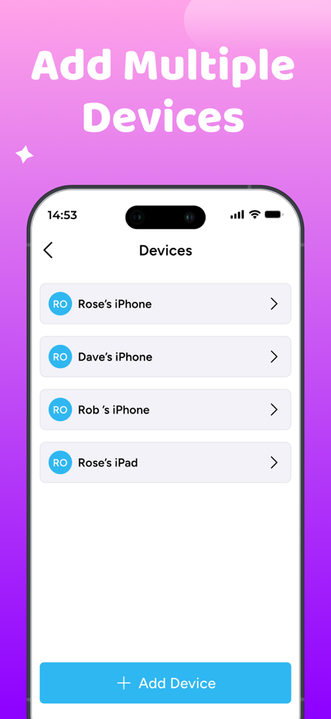 Una schermata di un'app mobile che mostra un elenco di diversi iPhone e iPad connessi per il monitoraggio del bambino.