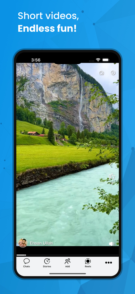 Interfaz de la aplicación móvil KT Messenger que muestra un video de una cascada escénica en la sección Reels