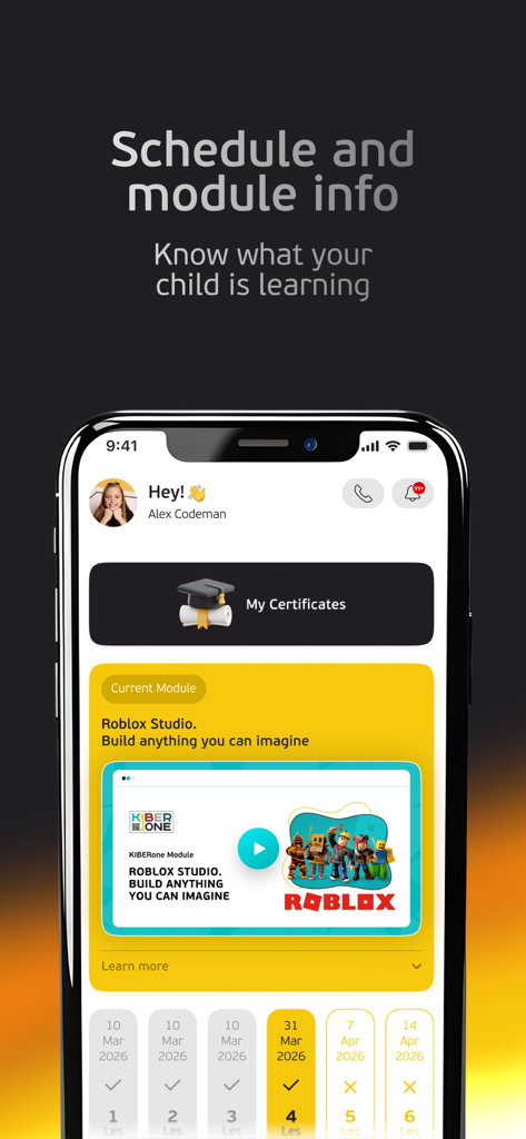 KIBER 1 app screen showing Roblox coding module and lesson schedule