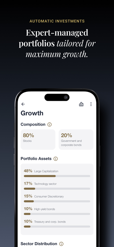 Folionet - Folionet app screen displaying a growth investment portfolio with asset composition and sector distribution