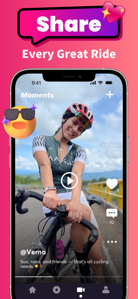 Peaclub：Connect & 1v1 Chat - Peaclub app interface showing a cyclist sharing a ride update in the Moments social feed