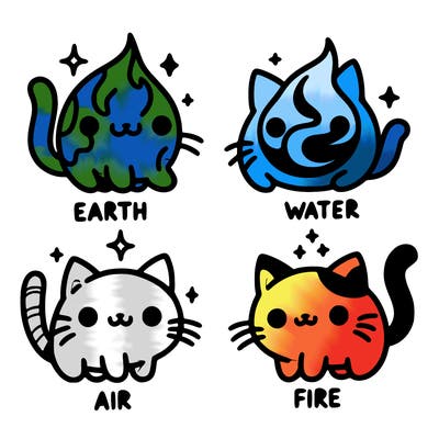 4 cats that represent the different elements, earth, water, air, and fire