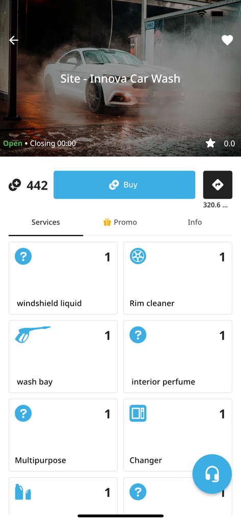 A mobile app interface for Ready2Wash showing available services like wash bay, rim cleaner, and windshield liquid at a car wash station.