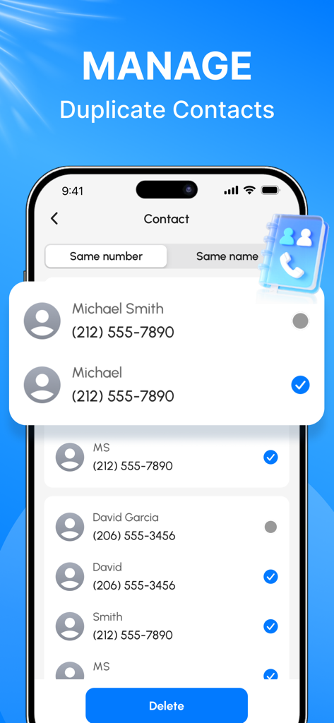 Smart Scan for Photos & Videos - Interfaz de la aplicación que muestra cómo encontrar y eliminar contactos duplicados por nombre o número