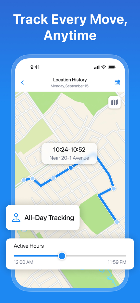 Phone Tracker - Share Location - Captura de pantalla de un teléfono inteligente que muestra la aplicación Rastreador de Teléfono con un mapa detallado del historial de ubicaciones y rutas rastreadas.