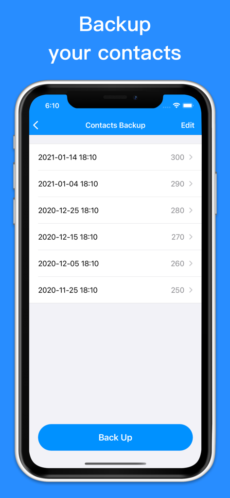 Cleaner - Clean Storage - Interfaz de la app Cleaner mostrando una lista de copias de seguridad de contactos con fechas y un botón para crear una nueva copia de seguridad