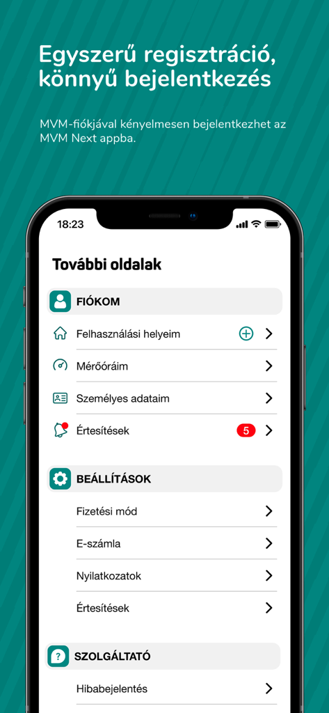 MVM Next - The account and settings menu of the MVM Next mobile utility application showing various management options