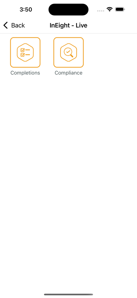 Interface of the InEight Live app displaying menu options for Completions and Compliance.