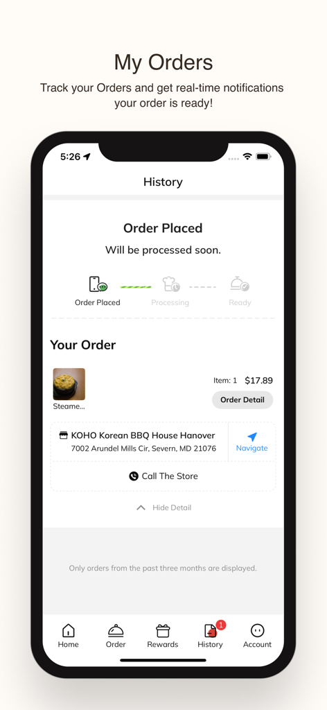 KOHO Korean BBQ House - KOHO Korean BBQ Houseアプリの画面。注文状況とリアルタイム追跡を表示