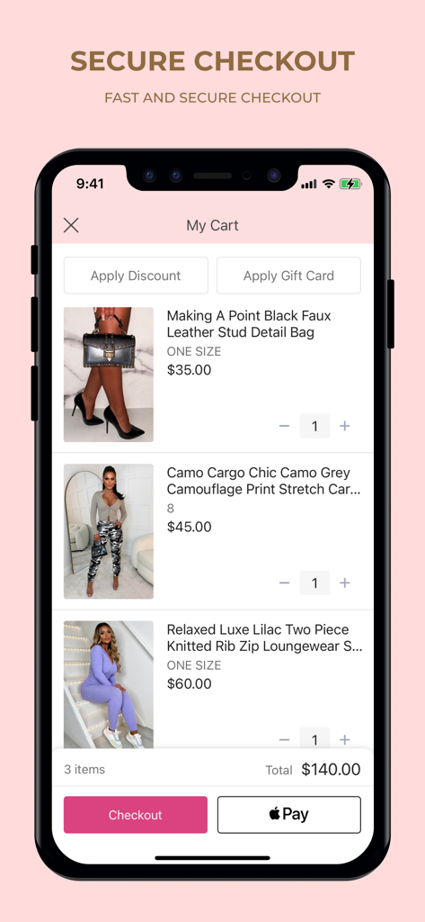Carrito de compras y pantalla de pago seguro de la aplicación móvil Pink Boutique mostrando artículos de ropa y opciones de pago