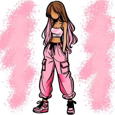 girl in baggy pants crop top and long hair